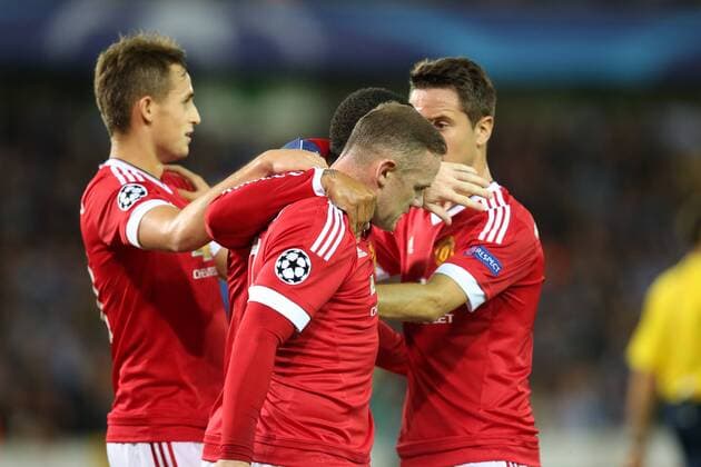- BRUGGE, BELGIUM: Manchester s Wayne Rooney (C) celebrates with his teammates after scoring during a soccer game between Belgian first league team Club Brugge KV and British club Manchester United ManU FC in Brugge, Wednesday 26 August 2015, the return game of the play-offs of the UEFA Champions League competition. Manchester United won the first leg 3-1. BRUNOxFAHY x84637919x