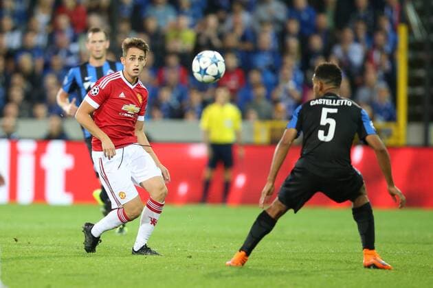 - BRUGGE, BELGIUM: Manchester s Adnan Januzaj and Club s Jean-Charles Castelletto fight for the ball during a soccer game between Belgian first league team Club Brugge KV and British club Manchester United ManU FC in Brugge, Wednesday 26 August 2015, the return game of the play-offs of the UEFA Champions League competition. Manchester United won the first leg 3-1. BRUNOxFAHY  x84638097x