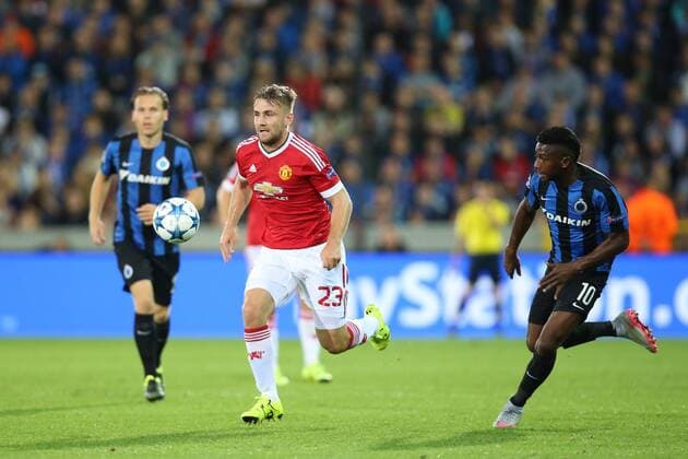 - BRUGGE, BELGIUM: Manchester s Luke Shaw and Club s Abdoulay Diaby fight for the ball during a soccer game between Belgian first league team Club Brugge KV and British club Manchester United ManU FC in Brugge, Wednesday 26 August 2015, the return game of the play-offs of the UEFA Champions League competition. Manchester United won the first leg 3-1. BRUNOxFAHY x84638326x