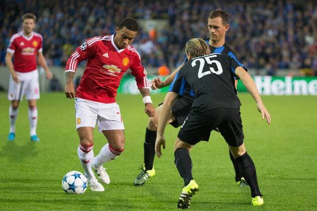 - BRUGGE, BELGIUM: Manchester s Memphis Depay and Club s Rudy Ruud Vormer fight for the ball during a soccer game between Belgian first league team Club Brugge KV and British club Manchester United ManU FC in Brugge, Wednesday 26 August 2015, the return game of the play-offs of the UEFA Champions League competition. Manchester United won the first leg 3-1. KURTxDESPLENTER x84638779x