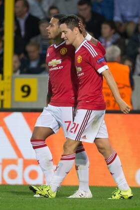 - BRUGGE, BELGIUM: Manchester s Ander Herrera (R) celebrates with his teammate Memphis Depay after scoring during a soccer game between Belgian first league team Club Brugge KV and British club Manchester United ManU FC in Brugge, Wednesday 26 August 2015, the return game of the play-offs of the UEFA Champions League competition. Manchester United won the first leg 3-1. KURTxDESPLENTER x84639075x