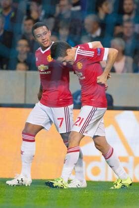 - BRUGGE, BELGIUM: Manchester s Ander Herrera (R) celebrates with his teammate Memphis Depay after scoring during a soccer game between Belgian first league team Club Brugge KV and British club Manchester United ManU FC in Brugge, Wednesday 26 August 2015, the return game of the play-offs of the UEFA Champions League competition. Manchester United won the first leg 3-1. KURTxDESPLENTER x84639106x