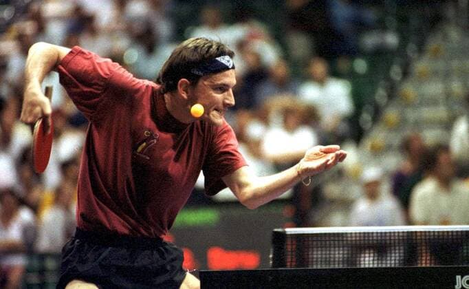 - ATLANTA, UNITED STATES: Belgian Table tennis Tischtennis player Jean-Michel Saive pictured in action during a game against Germany s Peter Franz during the Olympic Games Olympische Spiele Olympia OS in Atlanta, United States, Saturday 27 July 1996. JAYxCLARK  x87892717x