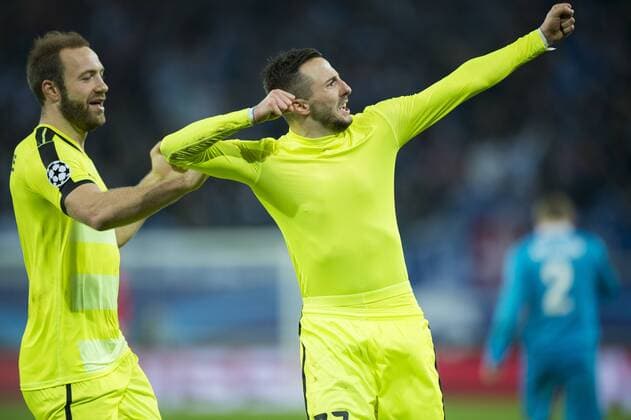 - GENT, BELGIUM: Gent s Laurent Depoitre and Gent s Danijel Milicevic celebrate after scoring during a soccer game between Belgian team KAA Gent and Russian club FC Zenit Saint Petersburg, Wednesday 09 December 2015, in Gent, the sixth and last day of the group stage the UEFA Champions League competition, in group H. JASPERxJACOBS x88059628x