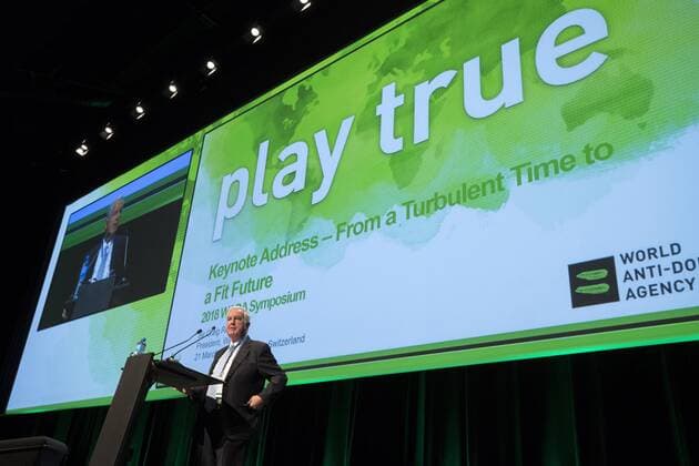 LAUSANNE, SWITZERLAND - MARCH 21, 2018: World Anti-Doping Agency (WADA) President Craig Reedie addresses the 2018 WADA Annual Symposium. The symposium is to discuss if the Russian Anti-Doping Agency (RUSADA) is compliant with the World Anti-Doping Code. Mikhail Japaridze TASS  TS078A8A