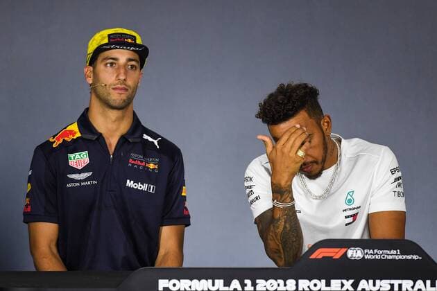 22nd March 2018, Melbourne Grand Prix Circuit, Melbourne, Australia; Melbourne Formula One Grand Prix, Arrivals and press conference PK Pressekonferenz Daniel Ricciardo (Australia) of Aston Martin Red Bull Racing and Lewis Hamilton (Great Britain) of Mercedes AMG Petronas F1 Team listen to a question during a press conference  ActionPlus12003708