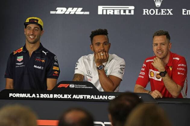 Bilder des Tages - SPORT 22nd March 2018, Melbourne Grand Prix Circuit, Melbourne, Australia; Melbourne Formula One Grand Prix, Arrivals and press conference PK Pressekonferenz Red Bull Racing TAG Heuer, Daniel Ricciardo, Mercedes AMG Petronas Motorsport AMG F1 Team, Lewis Hamilton and Scuderia Ferrari, Sebastian Vettel  ActionPlus12003753