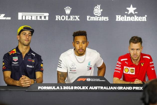 Daniel Ricciardo (Red Bull Racing), Lewis Hamilton (Mercedes AMG Petronas Formula One Team) und Sebastian Vettel (Scuderia Ferrari), Grosser Preis von Australien 2018, Rennen, Motorsport, Formel 1, 22.03.2018, Melbourne Copyright: xEIBNER Illmannx EP_EER