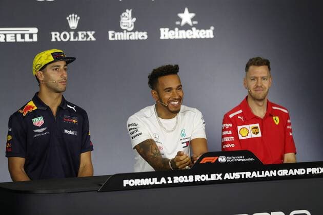 Daniel Ricciardo (Red Bull Racing), Lewis Hamilton (Mercedes AMG Petronas Formula One Team) und Sebastian Vettel (Scuderia Ferrari), Grosser Preis von Australien 2018, Rennen, Motorsport, Formel 1, 22.03.2018, Melbourne Copyright: xEIBNER Illmannx EP_EER