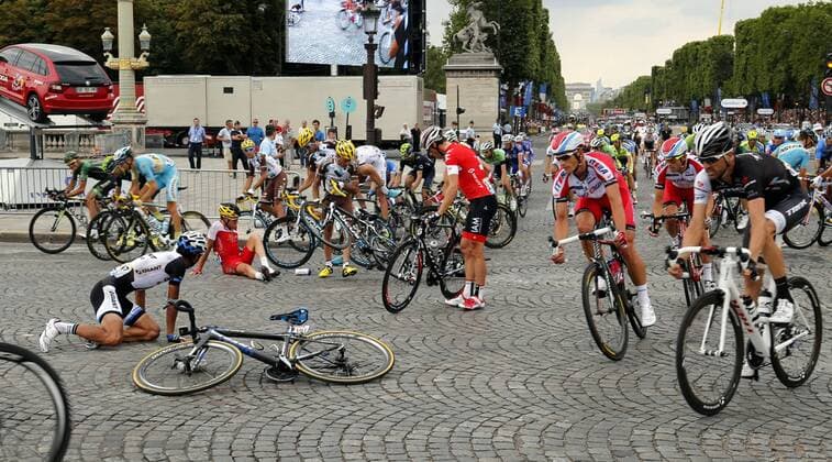 - PARIS, FRANCE: Illustration picture shows a fall during the last stage of the 101st edition of the Tour de France cycling race, 137,5km from Evry to Paris Champs-Elysees, France, on Sunday 27 July 2014. YUZURUxSUNADA  x60622771x