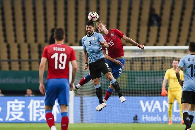 NANNING, CHINA - MARCH 23: Luis Suarez 9 of Uruguay and Tomas Soucek 15 of Czech Republic compete for the ball during the 2018 China Cup International Football Championship match between Uruguay and Czech Republic at Guangxi Sports Center on March 23, 2018 in Nanning, China.  Copyright: xVCGx CFP111148540589 