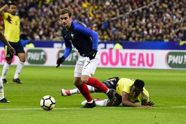 Antoine Griezmann (Fra) vs Yerry Mina (Col) FOOTBALL : France vs Colombie - Match Amical - St Denis - 23 03 2018 JBAutissier Panoramic 