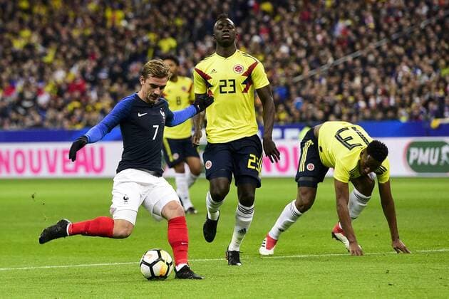 Antoine Griezmann (Fra) vs Yerry Mina (Col) FOOTBALL : France vs Colombie - Match Amical - St Denis - 23 03 2018 JBAutissier Panoramic 