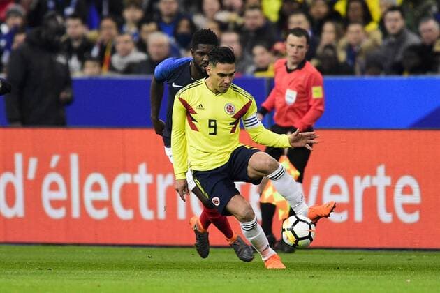 Samuel Umtiti (Fra) vs Radamel Falcao (Col) FOOTBALL : France vs Colombie - Match Amical - St Denis - 23 03 2018 JBAutissier Panoramic 