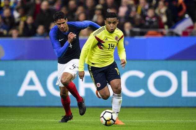 Raphael Varane (Fra) vs Luis Fernando Muriel (Col) FOOTBALL : France vs Colombie - Match Amical - St Denis - 23 03 2018 JBAutissier Panoramic 