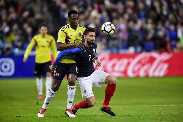 Olivier Giroud (Fra) vs Yerry Mina (Col) FOOTBALL : France vs Colombie - Match Amical - St Denis - 23 03 2018 JBAutissier Panoramic 