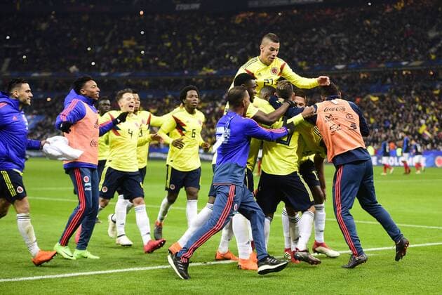 joie de Juan Fernandez Quintero apres son but sur penalty joie des joueurs de la Colombie FOOTBALL : France vs Colombie - Match Amical - St Denis - 23 03 2018 JBAutissier Panoramic 