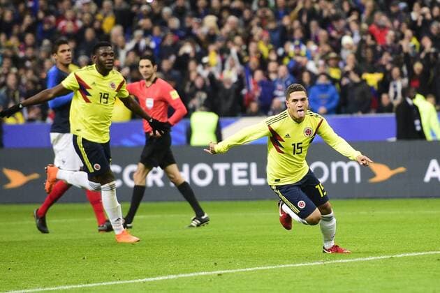 joie de Juan Fernandez Quintero apres son but sur penalty joie des joueurs de la Colombie FOOTBALL : France vs Colombie - Match Amical - St Denis - 23 03 2018 JBAutissier Panoramic 