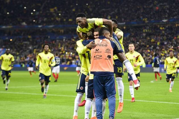 joie de Juan Fernandez Quintero apres son but sur penalty joie des joueurs de la Colombie FOOTBALL : France vs Colombie - Match Amical - St Denis - 23 03 2018 JBAutissier Panoramic 