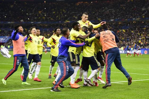 Bilder des Tages - SPORT joie de Juan Fernandez Quintero apres son but sur penalty joie des joueurs de la Colombie FOOTBALL : France vs Colombie - Match Amical - St Denis - 23 03 2018 JBAutissier Panoramic 