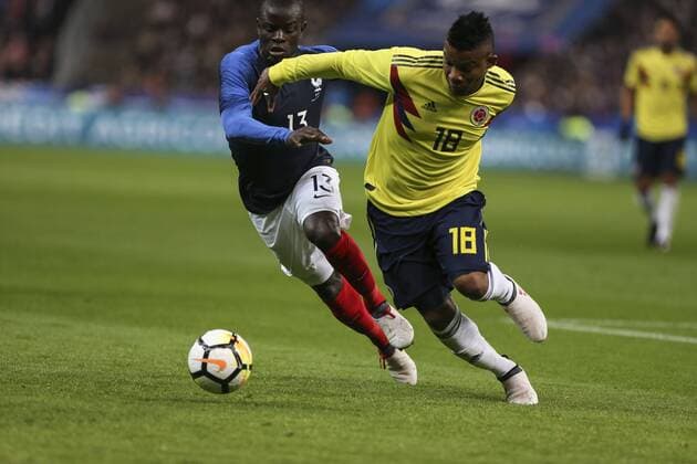 Fußball, Frankreich - Kolumbien March 23, 2018 - Saint-Denis, Ile-de-France, France - Frank Fabra 18; NÃ‚Â Golo Kante 13, during the friendly football match between France and Colombia at the Stade de France, in Saint-Denis, on the outskirts of Paris, on March 23, 2018. France v Colombia - International Friendly Länderspiel  - ZUMAn230 20180323_zaa_n230_518 Copyright: xElyxandroxCegarrax