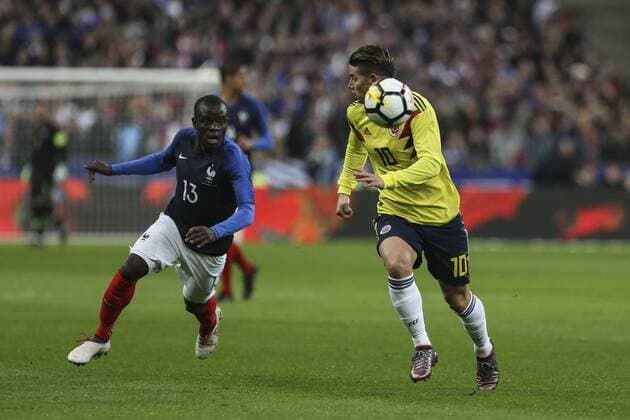 Fußball, Frankreich - Kolumbien March 23, 2018 - Saint-Denis, Ile-de-France, France - James Rodriguez 10; NÃ‚Â Golo Kante 13; during the friendly football match between France and Colombia at the Stade de France, in Saint-Denis, on the outskirts of Paris, on March 23, 2018. France v Colombia - International Friendly Länderspiel  - ZUMAn230 20180323_zaa_n230_523 Copyright: xElyxandroxCegarrax