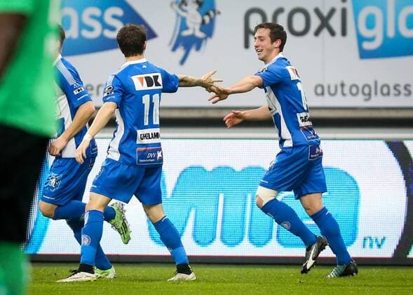 - GENT, BELGIUM: Gent s Brecht Dejaegere (R) celebrates after scoring during the Jupiler Pro League match between KAA Gent and Standard de Liege in Gent, Sunday 21 December 2014, on day 20 of the Belgian soccer championship. VIRGINIExLEFOUR x69939315x