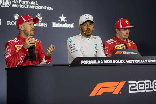 Sebastian Vettel (Scuderia Ferrari), Lewis Hamilton (Mercedes AMG Petronas Formula One Team) und Kimi Raikkoenen (Scuderia Ferrari), Grosser Preis von Australien 2018, Rennen, Motorsport, Formel 1, 24.03.2018, Melbourne Copyright: xIllman Eibner-Pressefotox EP_eer