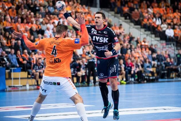 180324 Flensburgs Rasmus Lauge under handbollsmatchen i Champions League mellan Kristianstad och Flensburg den 24 mars 2018 i Kristianstad. Copyright: AvdoxBilkanovic BB180324AB025