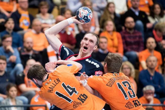 180324 Flensburgs Holger Glandorfoch Kristianstads Viktor Hallen och Olafur Gudmundsson under handbollsmatchen i Champions League mellan Kristianstad och Flensburg den 24 mars 2018 i Kristianstad. Copyright: AvdoxBilkanovic BB180324AB026