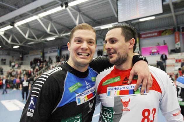 Siegesjubel bei v.l. Teo Coric (HC Rhein Vikings 18) und Vladimir Bozic (HC Rhein Vikings 83), ASV Hamm-Westfalen vs HC Rhein Vikings, Handball, 2. Bundesliga, 24.03.2018, Hamm Copyright: xEIBNER JanxStrohdiekx EP_JSK