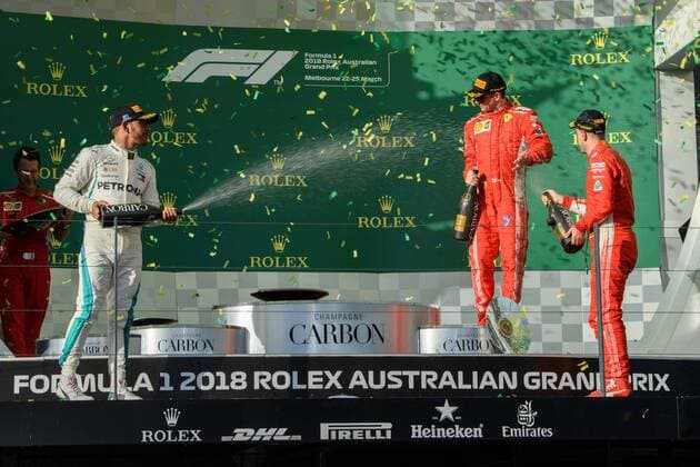 March 25, 2018: Sebastian Vettel (DEU) 5 from the Scuderia Ferrari team celebrates after winning the 2018 Australian Formula One Grand Prix at Albert Park, Melbourne, Australia. Lewis Hamilton (GBR) 44 from the Mercedes AMG Petronas Motorsport team came second and Sebastian Vettel (DEU) 5 from the Scuderia Ferrari team came third. Cal Media Formula One 2018: Australia - Race - ZUMAc04_ 20180325_zaf_c04_050 Copyright: xSydneyxLowx