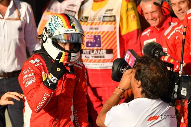 March 25, 2018: Sebastian Vettel (DEU) 5 from the Scuderia Ferrari team celebrates after winning the 2018 Australian Formula One Grand Prix at Albert Park, Melbourne, Australia. Lewis Hamilton (GBR) 44 from the Mercedes AMG Petronas Motorsport team came second and Sebastian Vettel (DEU) 5 from the Scuderia Ferrari team came third. Cal Media Formula One 2018: Australia - Race - ZUMAc04_ 20180325_zaf_c04_052 Copyright: xSydneyxLowx