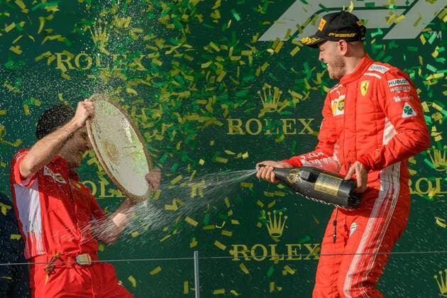 March 25, 2018: Sebastian Vettel (DEU) 5 from the Scuderia Ferrari team celebrates after winning the 2018 Australian Formula One Grand Prix at Albert Park, Melbourne, Australia. Lewis Hamilton (GBR) 44 from the Mercedes AMG Petronas Motorsport team came second and Sebastian Vettel (DEU) 5 from the Scuderia Ferrari team came third. Cal Media Formula One 2018: Australia - Race - ZUMAc04_ 20180325_zaf_c04_055 Copyright: xSydneyxLowx