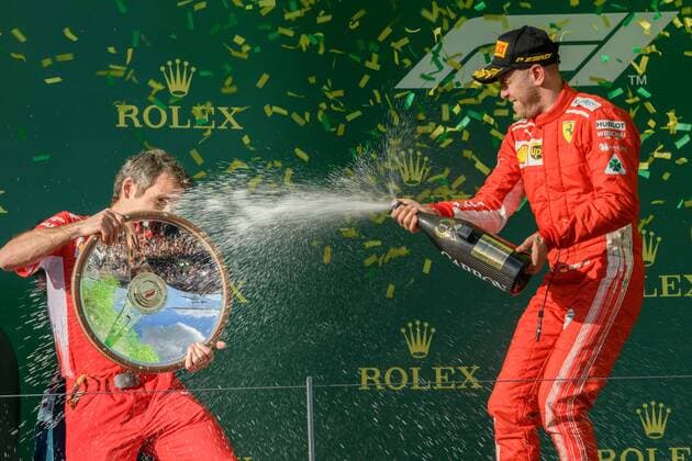 March 25, 2018: Sebastian Vettel (DEU) 5 from the Scuderia Ferrari team celebrates after winning the 2018 Australian Formula One Grand Prix at Albert Park, Melbourne, Australia. Lewis Hamilton (GBR) 44 from the Mercedes AMG Petronas Motorsport team came second and Sebastian Vettel (DEU) 5 from the Scuderia Ferrari team came third. Cal Media Formula One 2018: Australia - Race - ZUMAc04_ 20180325_zaf_c04_056 Copyright: xSydneyxLowx
