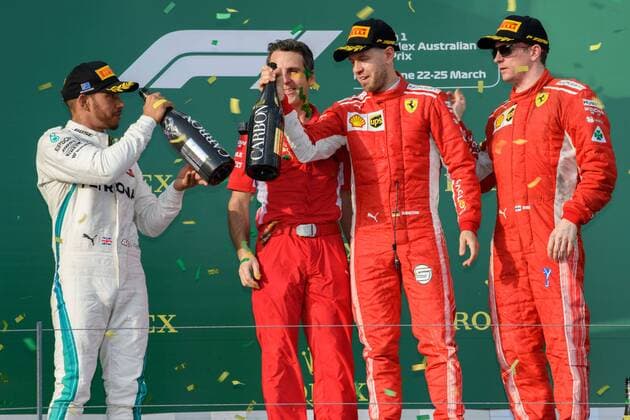 March 25, 2018: Sebastian Vettel (DEU) 5 from the Scuderia Ferrari team celebrates after winning the 2018 Australian Formula One Grand Prix at Albert Park, Melbourne, Australia. Lewis Hamilton (GBR) 44 from the Mercedes AMG Petronas Motorsport team came second and Sebastian Vettel (DEU) 5 from the Scuderia Ferrari team came third. Cal Media Formula One 2018: Australia - Race - ZUMAc04_ 20180325_zaf_c04_061 Copyright: xSydneyxLowx