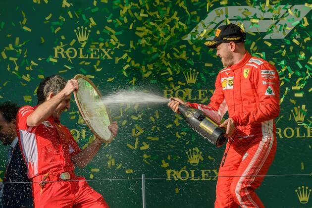March 25, 2018: Sebastian Vettel (DEU) 5 from the Scuderia Ferrari team celebrates after winning the 2018 Australian Formula One Grand Prix at Albert Park, Melbourne, Australia. Lewis Hamilton (GBR) 44 from the Mercedes AMG Petronas Motorsport team came second and Sebastian Vettel (DEU) 5 from the Scuderia Ferrari team came third. Cal Media Formula One 2018: Australia - Race - ZUMAc04_ 20180325_zaf_c04_067 Copyright: xSydneyxLowx