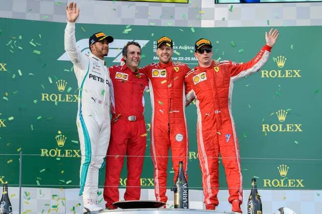 Themen der Woche - SPORT Bilder des Tages - SPORT March 25, 2018: Sebastian Vettel (DEU) 5 from the Scuderia Ferrari team celebrates after winning the 2018 Australian Formula One Grand Prix at Albert Park, Melbourne, Australia. Lewis Hamilton (GBR) 44 from the Mercedes AMG Petronas Motorsport team came second and Sebastian Vettel (DEU) 5 from the Scuderia Ferrari team came third. Cal Media Formula One 2018: Australia - Race - ZUMAc04_ 20180325_zaf_c04_069 Copyright: xSydneyxLowx