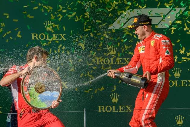 March 25, 2018: Sebastian Vettel (DEU) 5 from the Scuderia Ferrari team celebrates after winning the 2018 Australian Formula One Grand Prix at Albert Park, Melbourne, Australia. Lewis Hamilton (GBR) 44 from the Mercedes AMG Petronas Motorsport team came second and Sebastian Vettel (DEU) 5 from the Scuderia Ferrari team came third. Cal Media Formula One 2018: Australia - Race - ZUMAc04_ 20180325_zaf_c04_071 Copyright: xSydneyxLowx