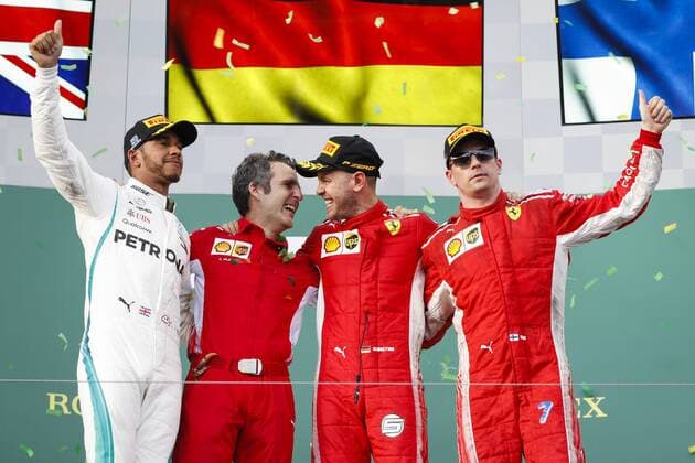 Motorsports: FIA Formula One World Championship WM Weltmeisterschaft 2018, Melbourne, Victoria : Motorsports: Formula 1 2018 Rolex Australian Grand Prix, Podium. HAMILTON Lewis (gbr), Mercedes AMG F1 Petronas GP W09 Hybrid EQ Power+, VETTEL Sebastian (ger), Scuderia Ferrari SF71H, RAIKKONEN Kimi (fin), Scuderia Ferrari SF71H, portrait during 2018 Formula 1 championship at Melbourne, Australian Grand Prix, from March 22 To 25 - Photo DPPI Melbourne Australia
