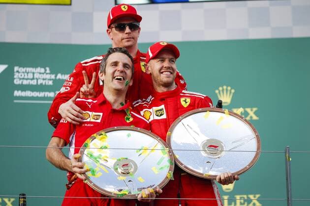 Motorsports: FIA Formula One World Championship WM Weltmeisterschaft 2018, Melbourne, Victoria : Motorsports: Formula 1 2018 Rolex Australian Grand Prix, VETTEL Sebastian (ger), Scuderia Ferrari SF71H, RAIKKONEN Kimi (fin), Scuderia Ferrari SF71H, portrait podium during 2018 Formula 1 championship at Melbourne, Melbourne Australia