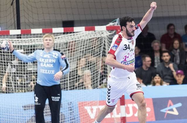 Petar Nenadic of Telekom Veszprem (34) celebrates after scoring against Skjern Handball during their EHF Champions League quater final first leg handball match against Skjern in Skjern March 25, 2018.20180325-174148-7-2  Copyright: JOHNxRANDERIS