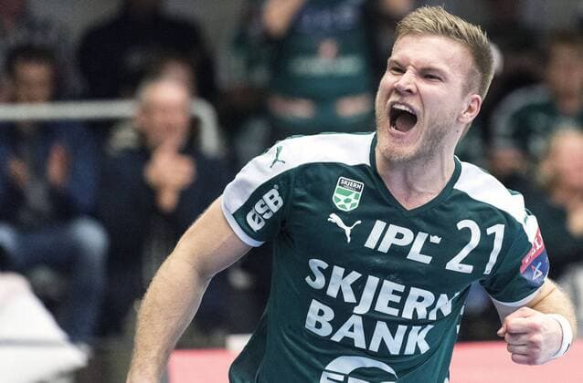René Rasmussen of Skjern celebrates during the EHF Champions League round of 16 first leg march between Skjern Handball and Telekom Veszprem in Skjern Arena March 25, 2018.20180325-190615-6-2  Copyright: JOHNxRANDERIS