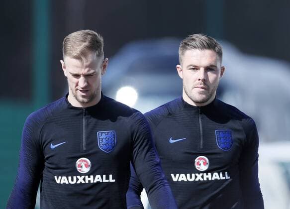 England s Joe Hart and Jack Butland during training at the Tottenham Hotspur Training Centre, London. Picture date: March 26th 2018. Picture credit should read: David Klein Sportimage EDITORIAL USE ONLY. No use with unauthorised audio, video, data, fixture lists, club league logos or live services. Online in-match use limited to 120 images, no video emulation. No use in betting, games or single club league player publications.