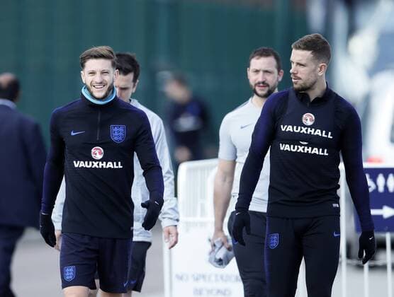 England s Adam Lallana and Jordan Henderson during training at the Tottenham Hotspur Training Centre, London. Picture date: March 26th 2018. Picture credit should read: David Klein Sportimage EDITORIAL USE ONLY. No use with unauthorised audio, video, data, fixture lists, club league logos or live services. Online in-match use limited to 120 images, no video emulation. No use in betting, games or single club league player publications.