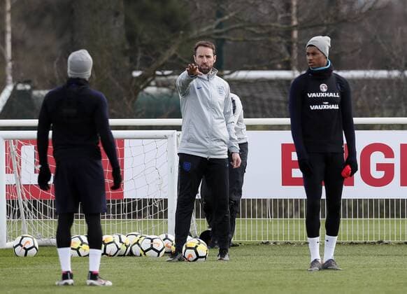 England s Gareth Southgate during training at the Tottenham Hotspur Training Centre, London. Picture date: March 26th 2018. Picture credit should read: David Klein Sportimage EDITORIAL USE ONLY. No use with unauthorised audio, video, data, fixture lists, club league logos or live services. Online in-match use limited to 120 images, no video emulation. No use in betting, games or single club league player publications.