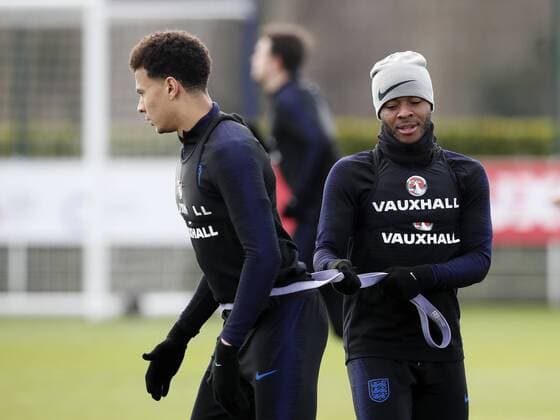 England s Raheem Sterling and Dele Alli during training at the Tottenham Hotspur Training Centre, London. Picture date: March 26th 2018. Picture credit should read: David Klein Sportimage EDITORIAL USE ONLY. No use with unauthorised audio, video, data, fixture lists, club league logos or live services. Online in-match use limited to 120 images, no video emulation. No use in betting, games or single club league player publications.