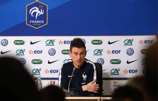 ST PETERSBURG, RUSSIA - MARCH 26, 2018: Laurent Koscielny of the French national team Nationalteam attends a press conference PK Pressekonferenz ahead of their football friendly against Russia at Saint Petersburg Stadium. Alexander Demianchuk TASS  TS0796F8