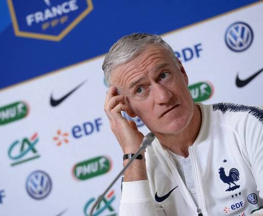 Russia. St. Petersburg. March 26, 2018. The soccer head coach of French national team Nationalteam Didier Deschamps at the press conference PK Pressekonferenz devoted to the forthcoming friendly match on soccer between Russian national teams and France at St. Petersburg stadium.
