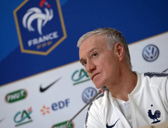 Russia. St. Petersburg. March 26, 2018. The soccer head coach of French national team Nationalteam Didier Deschamps at the press conference PK Pressekonferenz devoted to the forthcoming friendly match on soccer between Russian national teams and France at St. Petersburg stadium.